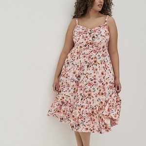 BUTTON FRONT MIDI DRESS - CHALLIS FLORAL PINK